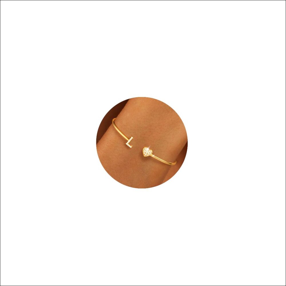 14k Gold Plated Heart Initial Bracelet Adjustable Dainty Bangle